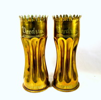 World War I historic battle from the scene: copper cannon gun sleeve front work: pair of vases!