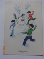 Old graphic New Year greeting card, drawing by Károly Kecskeméty