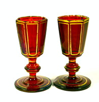 Pair of antique Biedermeier polished crimson glass gilded liqueur glasses