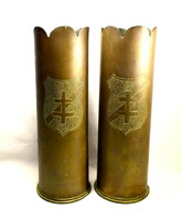 World War I copper cannon gun sleeve front work: pair of vases!