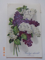 Régi grafikus virágos üdvözlő képeslap: orgonacsokor