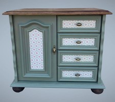 Vintage small chest of drawers or nightstand, with a door on one side and four drawers on the other