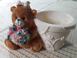 Ceramic teddy bear figurine flowered small pot 13x8 cm. Flawless