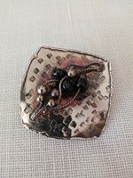 Old applied art silver plated copper goldsmith brooch / pin with black stones