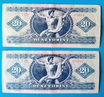 2 pieces of 20 HUF 1980, serial number tracking, with machine color printing (according to photos).