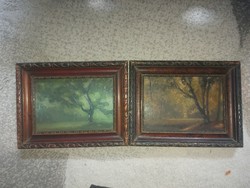 Erdőbelsők, festmény páros, olaj, karton, 17x12 cm+egyenkeret