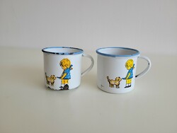 2 old enameled small mugs, children's mugs, little girls' fairy tale patterned metal mugs with dogs