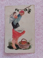 Old postcard style postcard with little girl picking apples