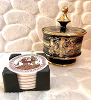 Ceramic coaster set in wooden holder and impressive porcelain bonbonier or sugar holder with Greek gods