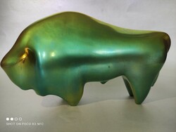 MOST ÉRDEMES!! Zsolnay eozin porcelán stilizált bölény figura szobor