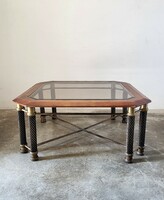 Coffee table with glass top, copper-plated steel legs