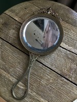 Antique French copper hand mirror with polished glass.