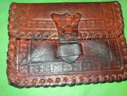 Genuine leather wallet with antique leather decoration and pattern on Polish sides, 13x9cm as shown in pictures