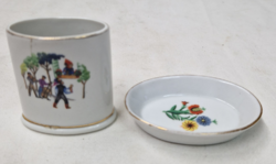 Zsolnay shield-stamped folk scene and floral patterned porcelain mini vase and ring holder