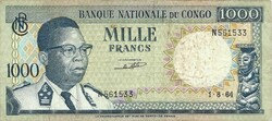 1000 frank francs 1964 Kongó Nagyon ritka Nem perforált!