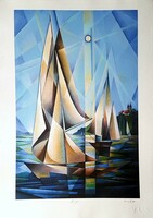 Vinkó leó - Balaton sailboats in a calm wind 36 x 24 cm computer print, dipped paper