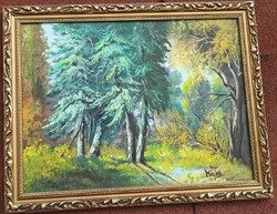 Signed oil painting - winter pine forest