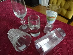 Five brandy glasses, all different, with soles, boot shape, thick soles. He has!