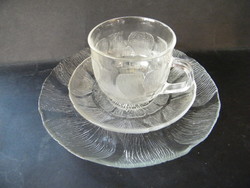 Retró francia Arcoroc átlátszó üveg tea/kávéscsésze, alj, tányér 3 db-os reggeliző készlet