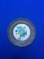 Small pewter bowl that can be hung on the wall with a floral faience insert