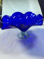 Gyönyörű kék, zöld talpas művészi üveg tál, kínáló, asztalközép (73)