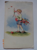 Old graphic greeting card, little boy with a bouquet of flowers
