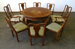 1R263 antique inlaid pull-out dining set table + 8 chairs
