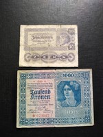 Osztrák - magyar bank 1922 , 10 és 1000 Kronen ( Korona ) ,viseltes