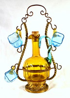 Colored glass liquor bottle in a bronze cup holder stand with glasses!