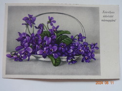 Old graphic name day greeting card, postage stamp (violets)