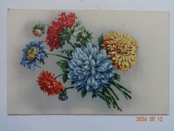 Old, antique graphic floral greeting card, postal clean - chrysanthemums
