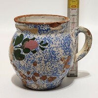 Folk ceramic mug from Hódmezővásárhely, yellow, pink flower pattern, blue marble glaze (3039)