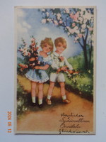 Old graphic greeting card, little girl and little boy with flowers