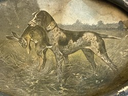 Hunting Vizsla dog with rabbit prey, antique print in an oval lead frame, hunting souvenir
