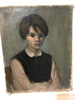Fiatal lány portréja,jelzett olaj/vászon festmény. 1930as évek?Szignó megfejtésére vár. Kétoldalas!