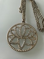 Lotus flower pendant necklace in dull gold color with brilliant crystals,