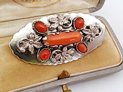 Antique silver brooch, pin, with coral stones