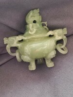 Older oriental carved jade stone statue dragon with lid 3 legged container storage with dragon heads