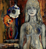 Körtvélyessy Magdolna (1930-?) - Nő Vázával | Női Akt Virággal Virágcsendélet