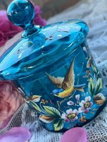 Turquoise glass sugar bowl with bird's eye, bonbonnier