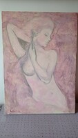 Marked painting, female nude, portrait, picture without frame, canvas