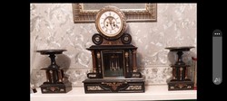 Three-part marble mantel clock in flawless, working condition with mercury pendulums.