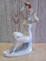 Aquincum porcelain hand-painted nude figure combing her hair