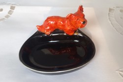 Porcelain kunst black oval ashtray, with a dog statue, mid-century, mid-20th century
