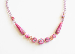 Vintage Murano style glass necklace, jewelry - pink, with holographic pink pearls