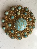 Wonderful filigree gold-plated copper, vintage brooch with turquoise stones