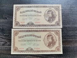 One hundred million pengő 1946 vg 2pcs
