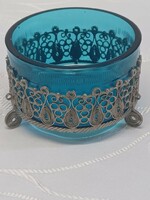 Filigree basket, blue glass bowl, serving tray