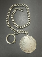 Old silver pocket watch chain, Mária Theresia Krajcár coin pendant. 76.8 grams.