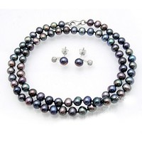 Dark purple true pearl necklace and earring set with silver